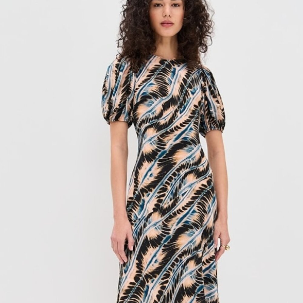 NWT SPRING 2025 ULLA JOHNSON Ines Puff Sleeves Silk Midi Dress in River S $690 - Picture 1 of 12